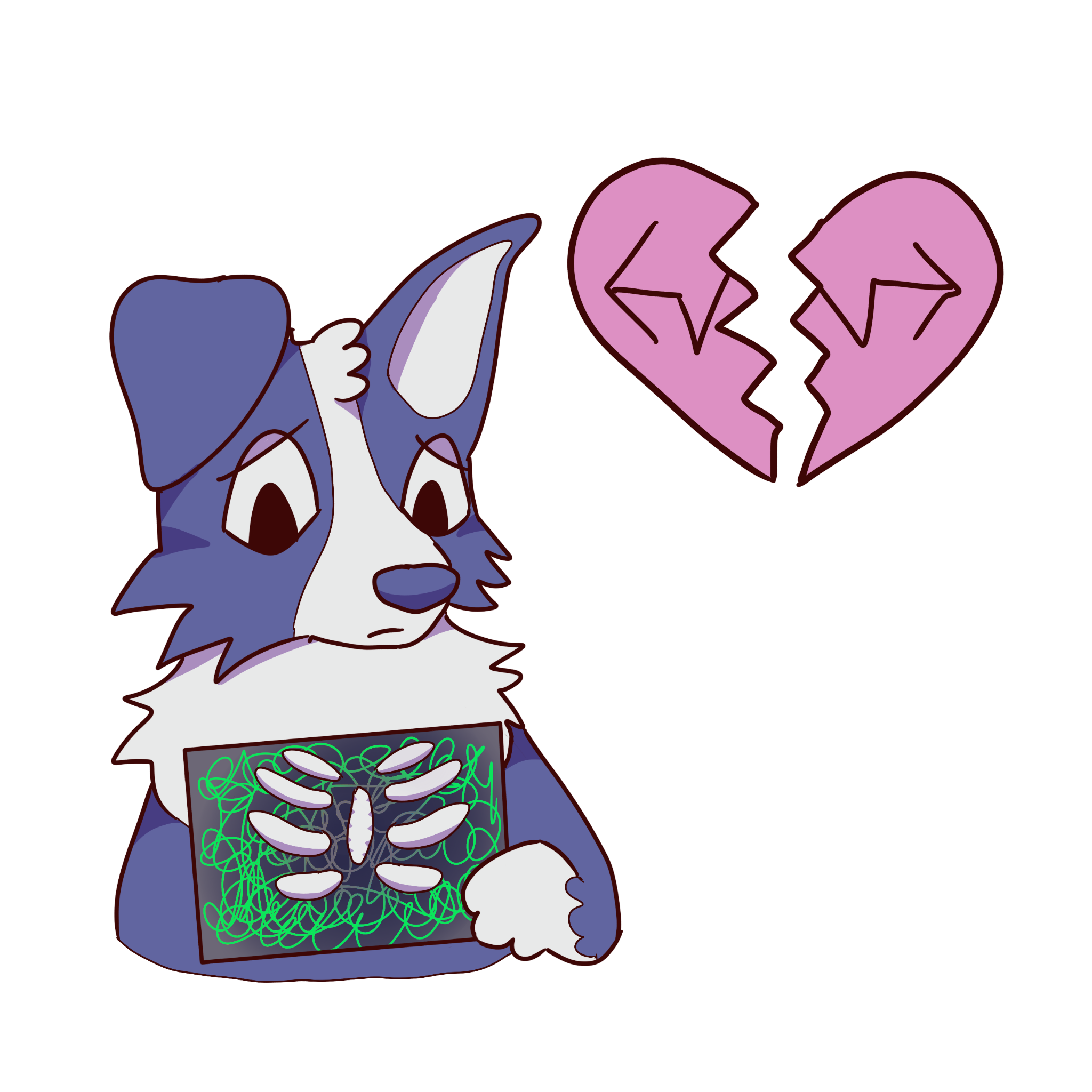 blue dog holding x-ray over chest with green scribbles in ribs. next to it is a broken pink heart with a psywiggle in it